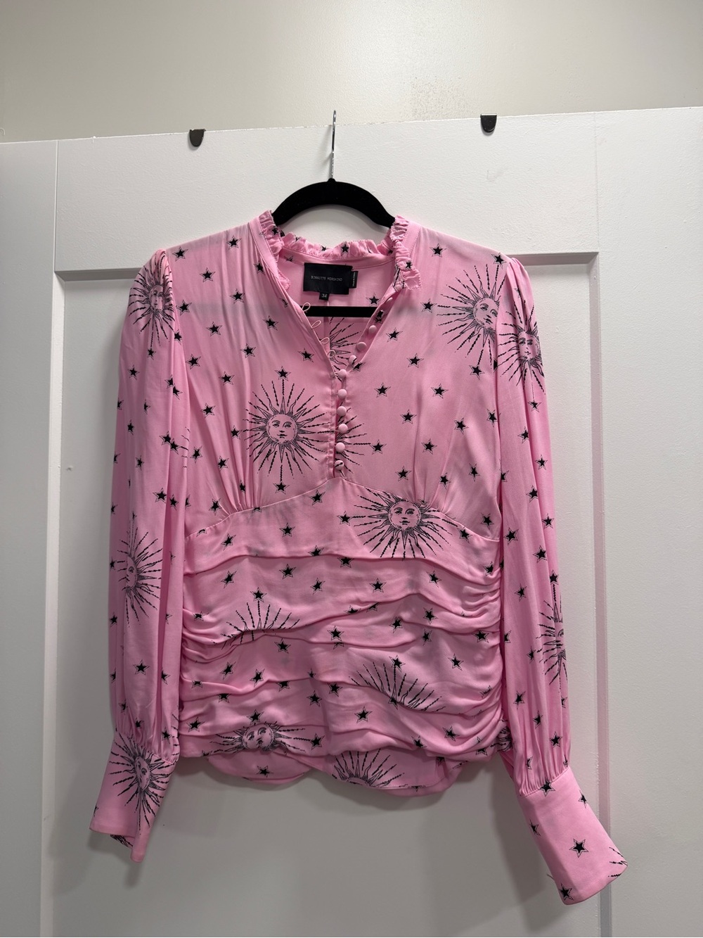 Stunning Birgitte Herskind Pink Sun & Star Print Ruffled V-Neck Blouse
